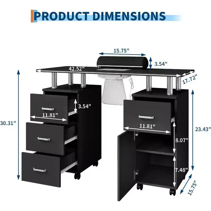 Table de manucure Acekool gris/noir, bureau de manucure avec rangement, roulettes verrouillables et collecteur de poussière pour salon ou spa