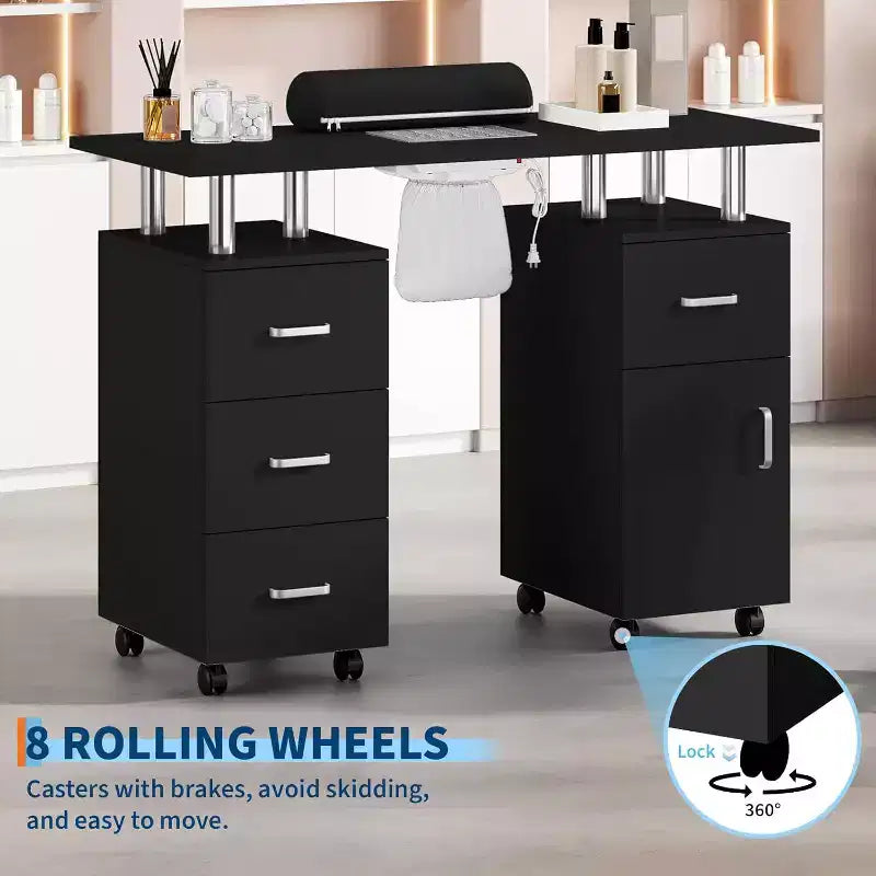 Table de manucure Acekool gris/noir, bureau de manucure avec rangement, roulettes verrouillables et collecteur de poussière pour salon ou spa