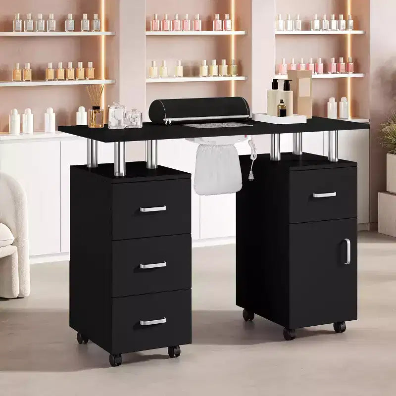 Table de manucure Acekool gris/noir, bureau de manucure avec rangement, roulettes verrouillables et collecteur de poussière pour salon ou spa