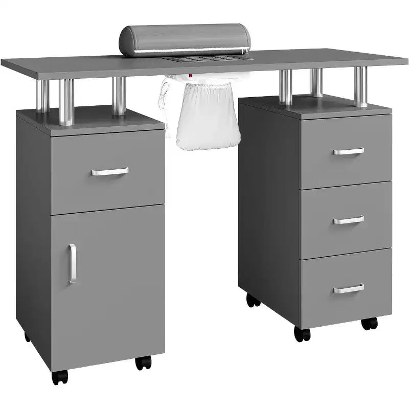 Table de manucure Acekool gris/noir, bureau de manucure avec rangement, roulettes verrouillables et collecteur de poussière pour salon ou spa