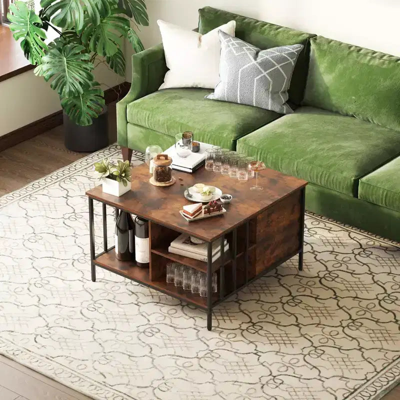 Farmhouse Lift Top Coffee Table with Hidden Compartment & 3 Shelves, Adjustable Height, Living Room Multifunctional Center Table, 110lbs Capacity