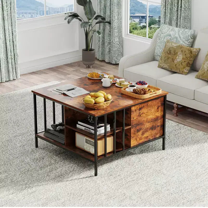 Table basse de salon relevable avec compartiment caché et 3 étagères, hauteur réglable, table basse multifonctionnelle, capacité de 50 kg