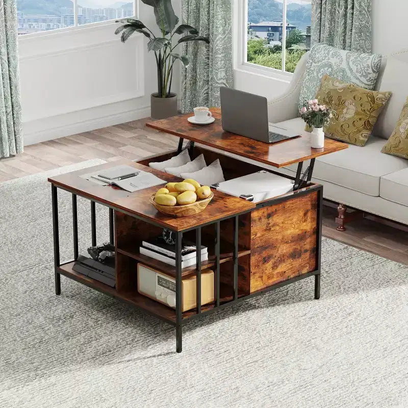 Table basse de salon relevable avec compartiment caché et 3 étagères, hauteur réglable, table basse multifonctionnelle, capacité de 50 kg