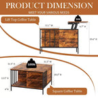 Table basse de salon relevable avec compartiment caché et 3 étagères, hauteur réglable, table basse multifonctionnelle, capacité de 50 kg