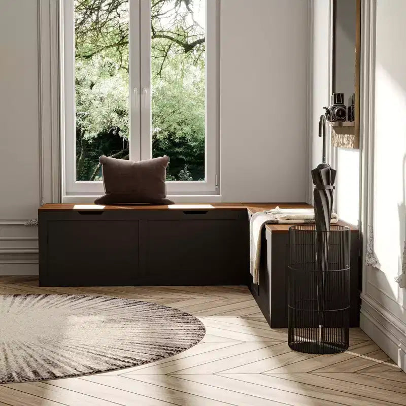 Banc d'angle en L noir Famapy avec rangement, organisateur de chaussures et d'articles à rabat pour entrée ou pièce