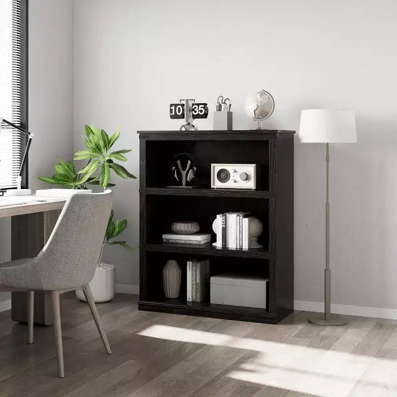 Étagère 3 niveaux esprit ferme : bibliothèque basse en bois avec rangement ouvert pour le salon, le bureau ou la chambre à coucher (présentation et organisation).