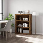 Étagère 3 niveaux esprit ferme : bibliothèque basse en bois avec rangement ouvert pour le salon, le bureau ou la chambre à coucher (présentation et organisation).