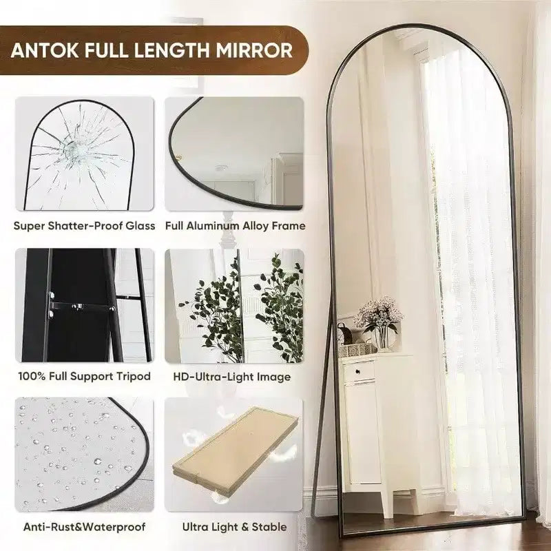 Miroir arche noir 71x28 avec support. Grand miroir sur pied ou à accrocher pour chambre, salon