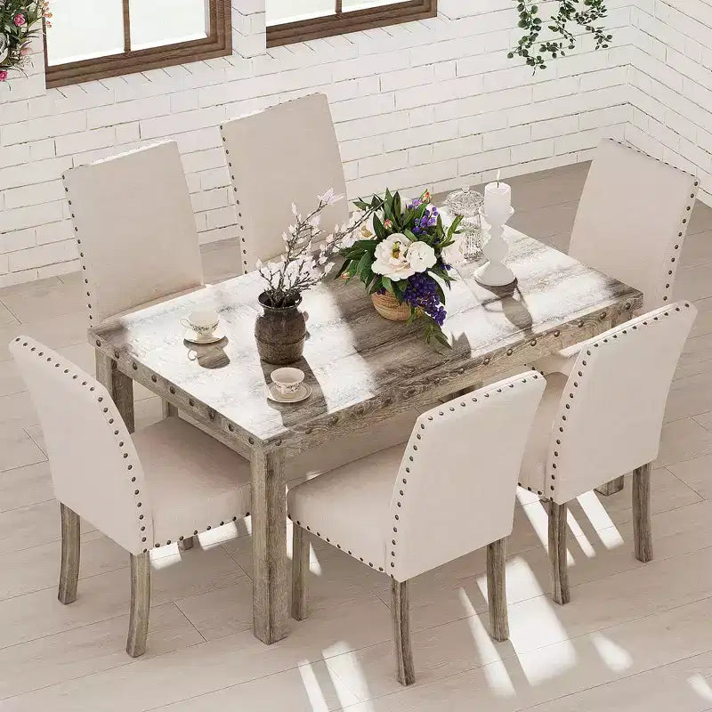 Ensemble de salle à manger en bois - Table rectangulaire de style ferme moderne et chaises rembourrées pour cuisine et salle à manger (beige) - Morden Fort