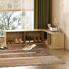 Banc à chaussures en bois clair en L Hitow : Rangement multi-compartiments + surface polyvalente – Organisateur compact pour entrées et salons