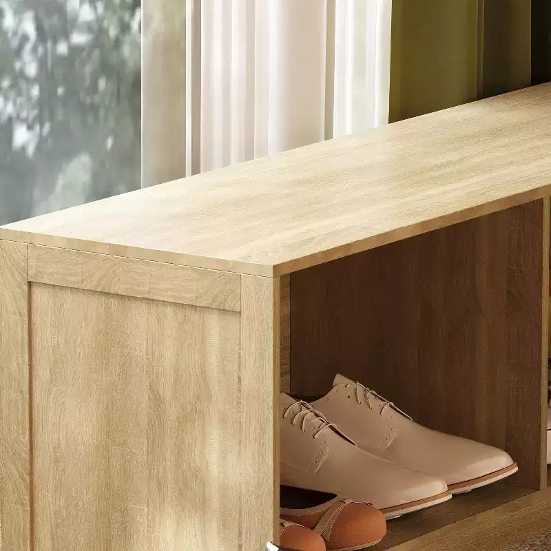 Banc à chaussures en bois clair en L Hitow : Rangement multi-compartiments + surface polyvalente – Organisateur compact pour entrées et salons