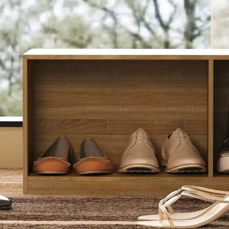 Banc à chaussures en bois clair en L Hitow : Rangement multi-compartiments + surface polyvalente – Organisateur compact pour entrées et salons