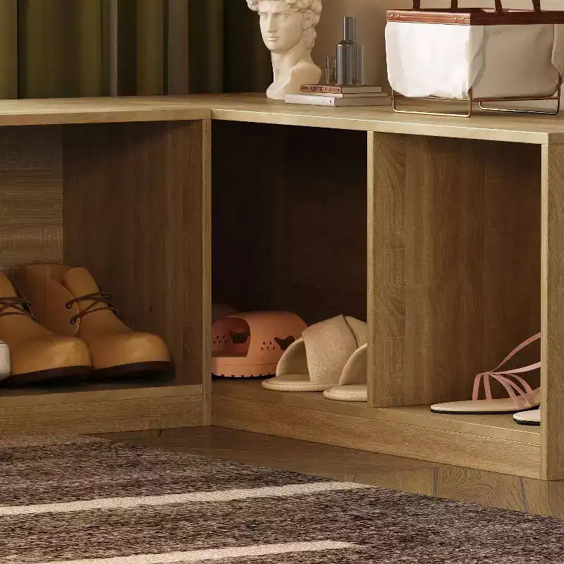 Banc à chaussures en bois clair en L Hitow : Rangement multi-compartiments + surface polyvalente – Organisateur compact pour entrées et salons