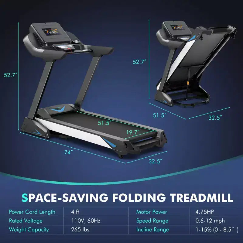 Tapis de course Gymax 4,75 CV avec application et inclinaison automatique Tapis de course pliable avec haut-parleurs Bluetooth et écran LED Machine de course électrique