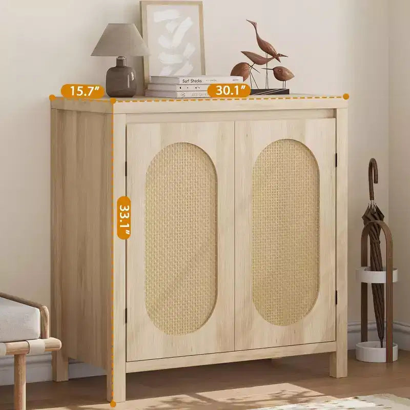 Acekool Wood Color Storage Cabinet Sideboard Buffet with Rattan Doors & Adjustable Shelf, Accent Cabinet for Living Room