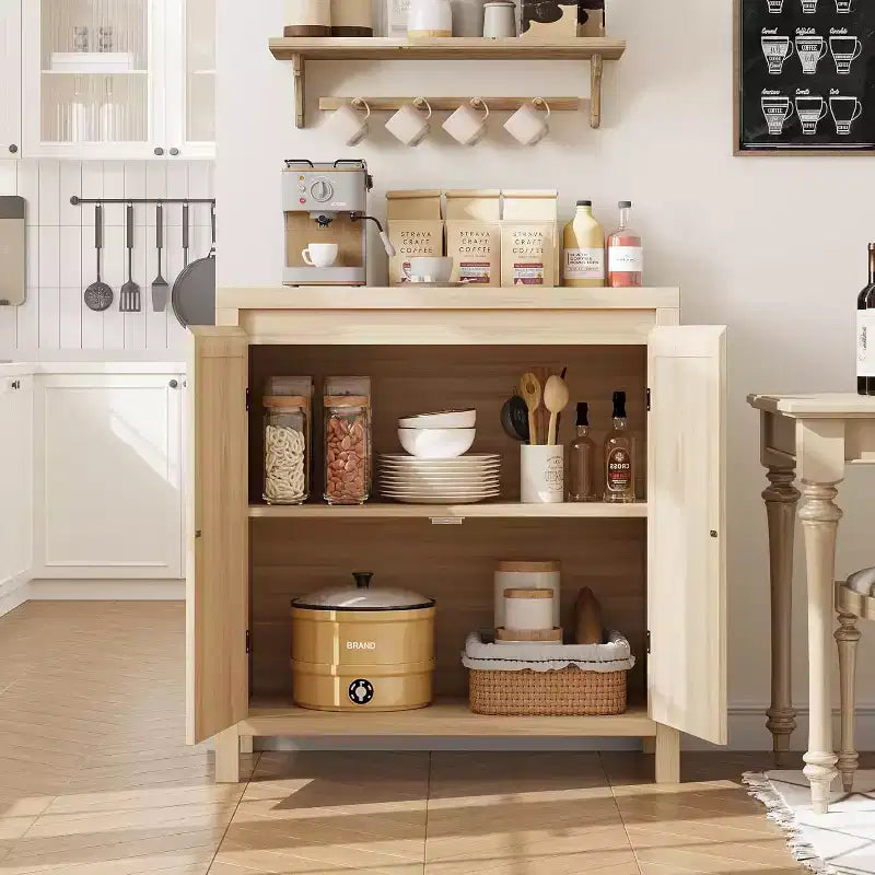Acekool Wood Color Storage Cabinet Sideboard Buffet with Rattan Doors & Adjustable Shelf, Accent Cabinet for Living Room