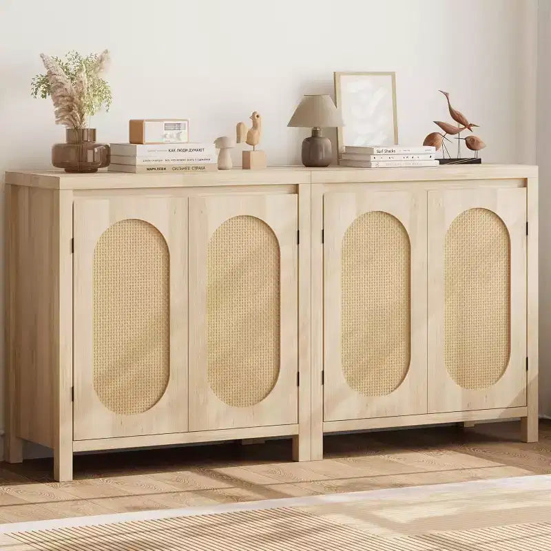Acekool Wood Color Storage Cabinet Sideboard Buffet with Rattan Doors & Adjustable Shelf, Accent Cabinet for Living Room