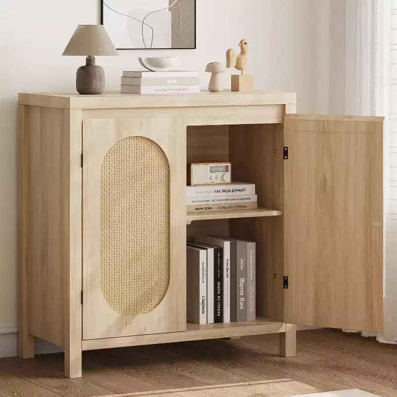 Acekool Wood Color Storage Cabinet Sideboard Buffet with Rattan Doors & Adjustable Shelf, Accent Cabinet for Living Room