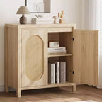 Acekool Wood Color Storage Cabinet Sideboard Buffet with Rattan Doors & Adjustable Shelf, Accent Cabinet for Living Room