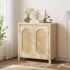 Acekool Wood Color Storage Cabinet Sideboard Buffet with Rattan Doors & Adjustable Shelf, Accent Cabinet for Living Room