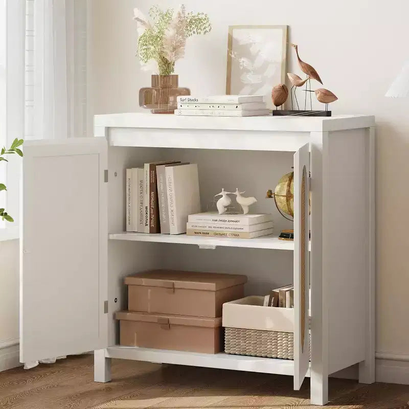 Acekool Wood Color Storage Cabinet Sideboard Buffet with Rattan Doors & Adjustable Shelf, Accent Cabinet for Living Room