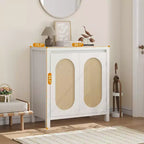 Acekool Wood Color Storage Cabinet Sideboard Buffet with Rattan Doors & Adjustable Shelf, Accent Cabinet for Living Room