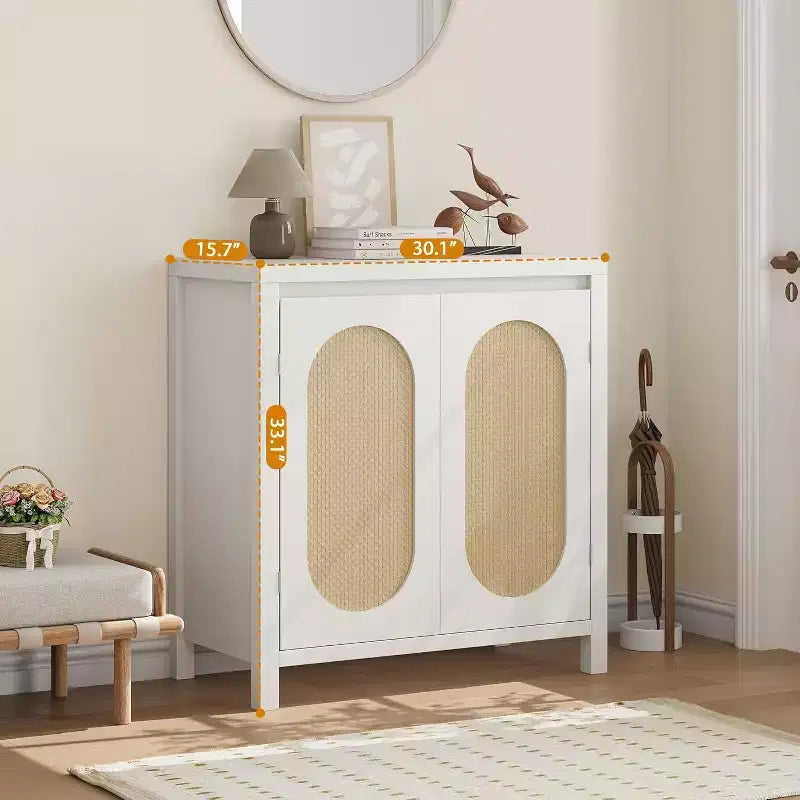 Acekool Wood Color Storage Cabinet Sideboard Buffet with Rattan Doors & Adjustable Shelf, Accent Cabinet for Living Room