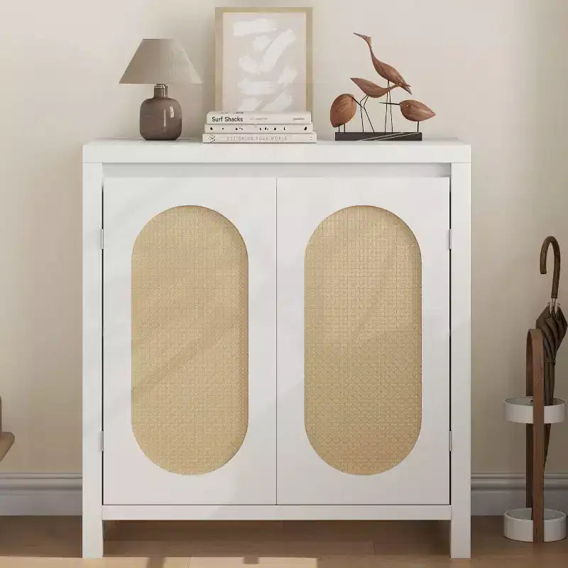 Acekool Wood Color Storage Cabinet Sideboard Buffet with Rattan Doors & Adjustable Shelf, Accent Cabinet for Living Room