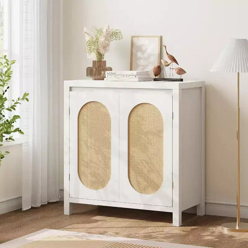 Acekool Wood Color Storage Cabinet Sideboard Buffet with Rattan Doors & Adjustable Shelf, Accent Cabinet for Living Room