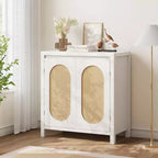 Acekool Wood Color Storage Cabinet Sideboard Buffet with Rattan Doors & Adjustable Shelf, Accent Cabinet for Living Room
