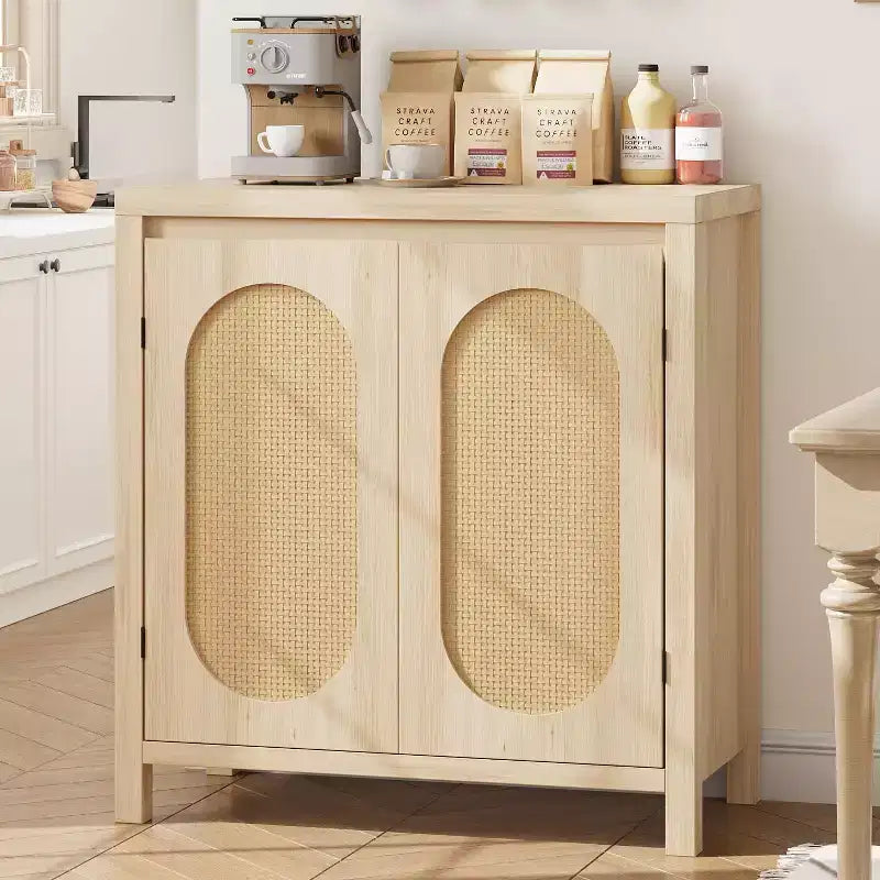 Acekool Wood Color Storage Cabinet Sideboard Buffet with Rattan Doors & Adjustable Shelf, Accent Cabinet for Living Room