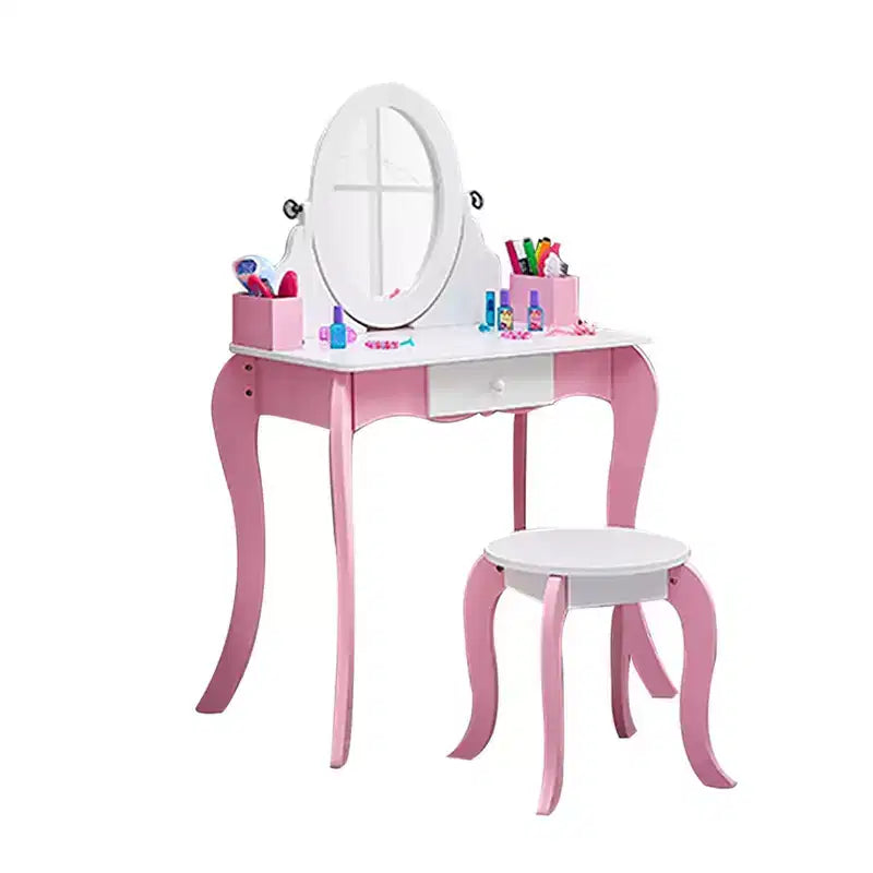 AEELLEEA Coiffeuse en bois pour enfants, ensemble de maquillage, table de princesse avec miroir rotatif et tabouret, patins antidérapants, pieds courbés, rose