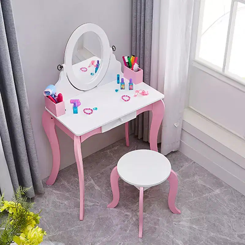 AEELLEEA Coiffeuse en bois pour enfants, ensemble de maquillage, table de princesse avec miroir rotatif et tabouret, patins antidérapants, pieds courbés, rose