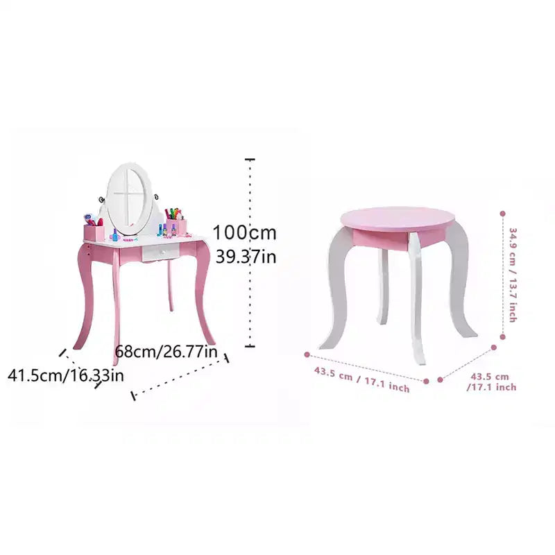AEELLEEA Coiffeuse en bois pour enfants, ensemble de maquillage, table de princesse avec miroir rotatif et tabouret, patins antidérapants, pieds courbés, rose