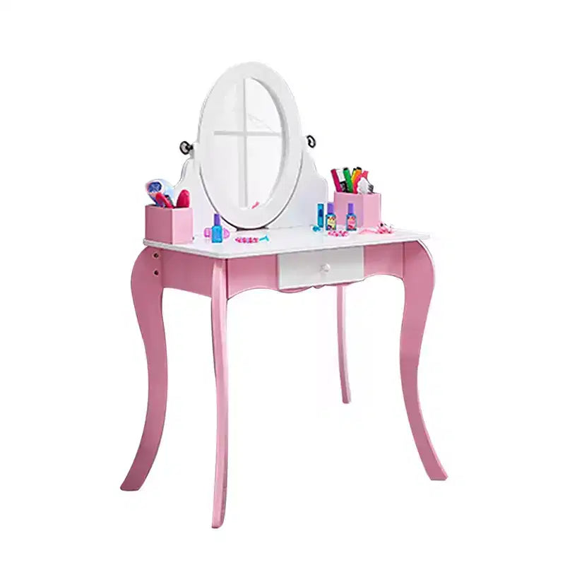 AEELLEEA Coiffeuse en bois pour enfants, ensemble de maquillage, table de princesse avec miroir rotatif et tabouret, patins antidérapants, pieds courbés, rose