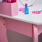 AEELLEEA Coiffeuse en bois pour enfants, ensemble de maquillage, table de princesse avec miroir rotatif et tabouret, patins antidérapants, pieds courbés, rose