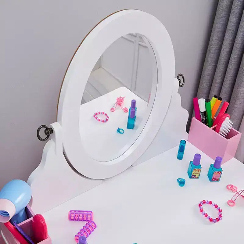 AEELLEEA Coiffeuse en bois pour enfants, ensemble de maquillage, table de princesse avec miroir rotatif et tabouret, patins antidérapants, pieds courbés, rose