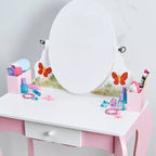 AEELLEEA Coiffeuse en bois pour enfants, ensemble de maquillage, table de princesse avec miroir rotatif et tabouret, patins antidérapants, pieds courbés, rose