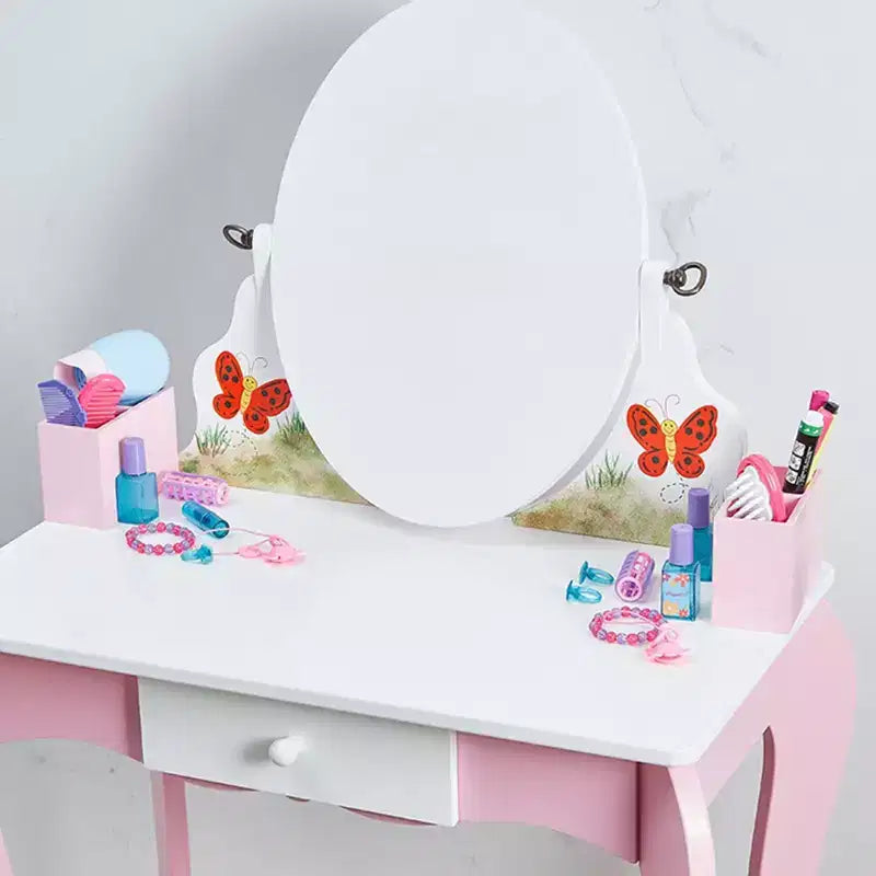 AEELLEEA Coiffeuse en bois pour enfants, ensemble de maquillage, table de princesse avec miroir rotatif et tabouret, patins antidérapants, pieds courbés, rose