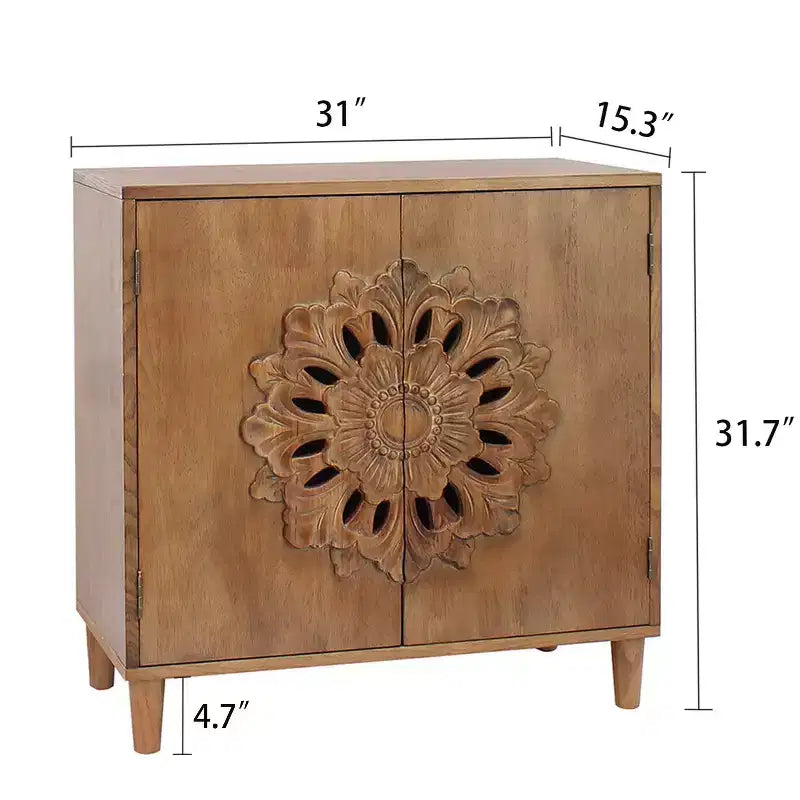 GDFStudio Firae Meuble de rangement bohémien 2 portes en bois sculpté à la main de 79 cm