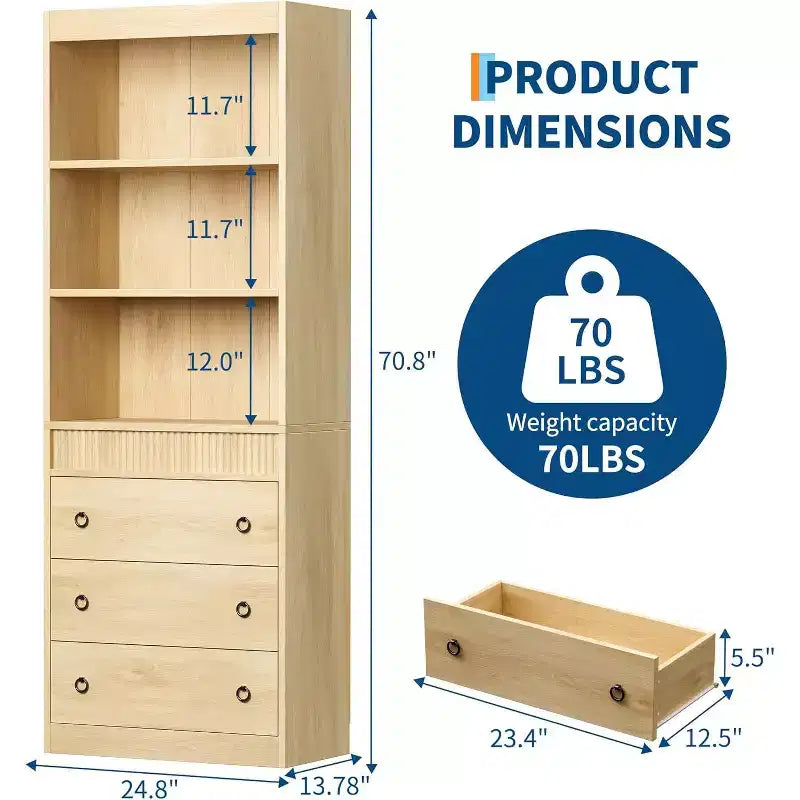 Bibliothèque Acekool avec tiroirs, étagère 6 niveaux cannelée, meuble de rangement haut pour salon ou bureau