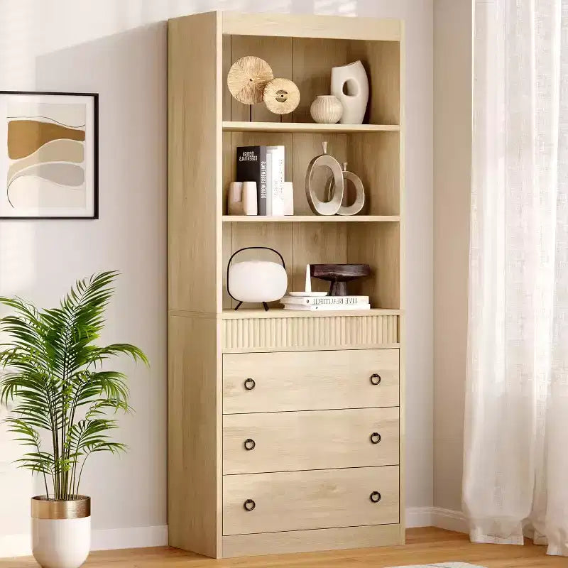 Bibliothèque Acekool avec tiroirs, étagère 6 niveaux cannelée, meuble de rangement haut pour salon ou bureau