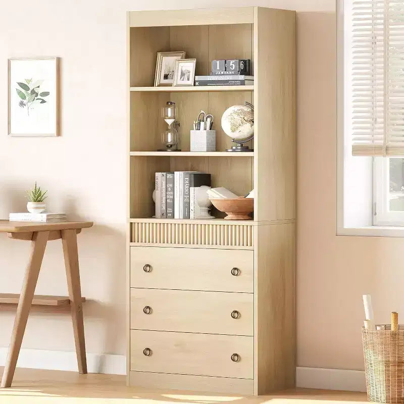 Acekool Bookshelf with Drawers, 6-Tier Fluted Bookcase, Tall Storage Cabinet for Living Room or Office