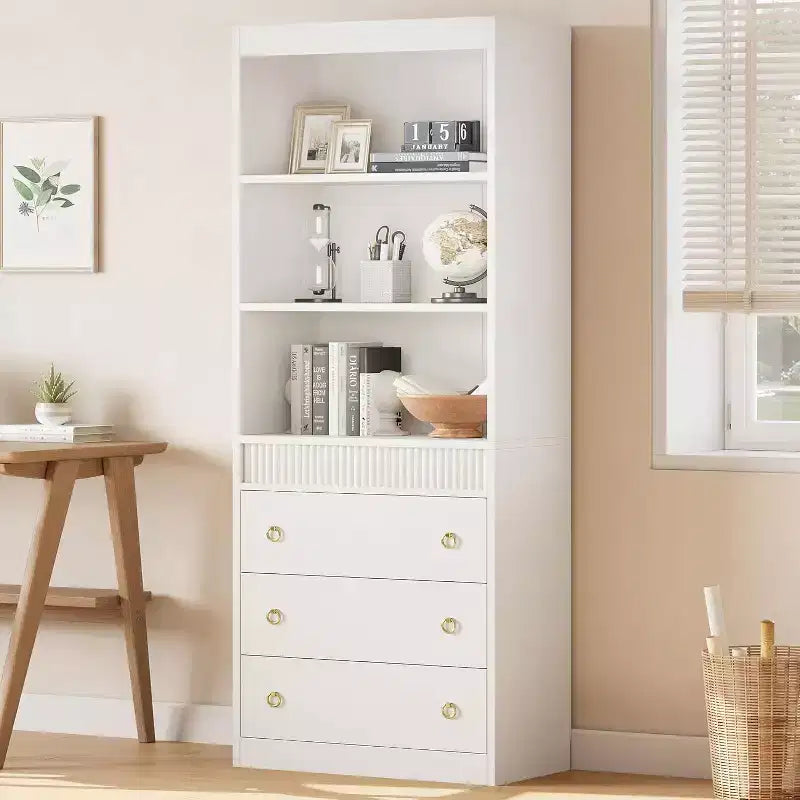 Bibliothèque Acekool avec tiroirs, étagère 6 niveaux cannelée, meuble de rangement haut pour salon ou bureau