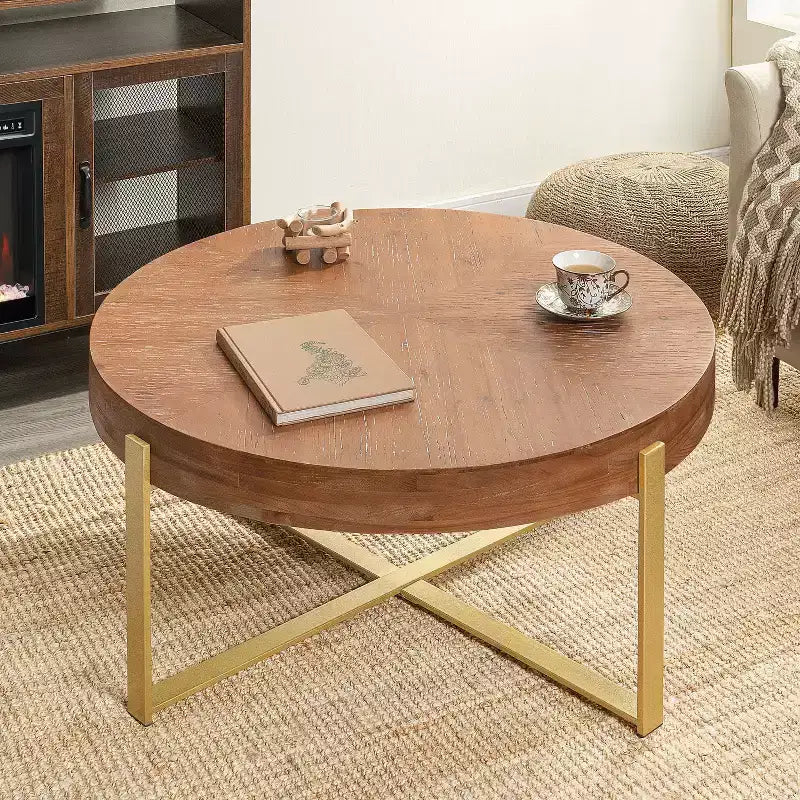 TUYOHW 31.5 Retro Table with Carved Pine Wood Top & Steel Legs,Stylish Accent End Table for Living Room,Round Center Table with 220lbs Capacity
