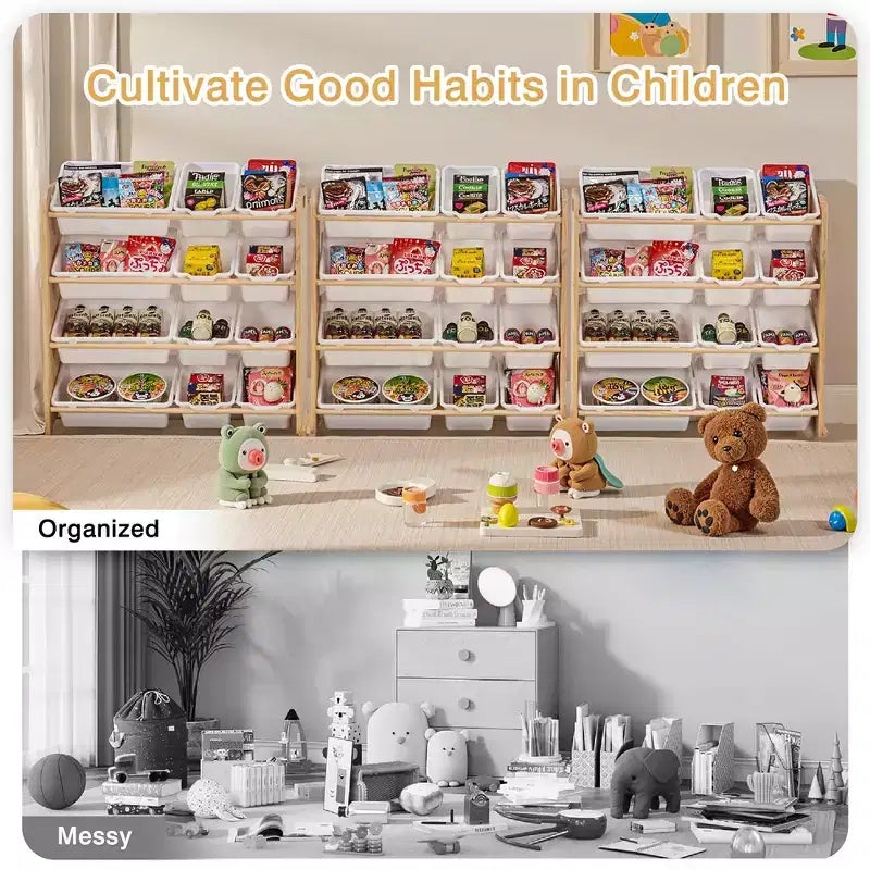 VECELO Étagère de Rangement pour Enfants avec 12 Bacs, Meuble de Rangement en Bois pour Tout-Petits, Grande Capacité pour Livres ou Jouets