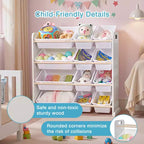 VECELO Étagère de Rangement pour Enfants avec 12 Bacs, Meuble de Rangement en Bois pour Tout-Petits, Grande Capacité pour Livres ou Jouets