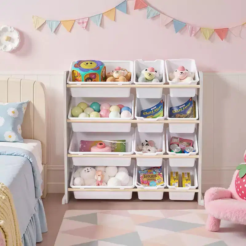 VECELO Étagère de Rangement pour Enfants avec 12 Bacs, Meuble de Rangement en Bois pour Tout-Petits, Grande Capacité pour Livres ou Jouets