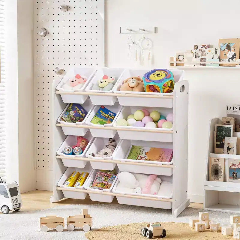 VECELO Étagère de Rangement pour Enfants avec 12 Bacs, Meuble de Rangement en Bois pour Tout-Petits, Grande Capacité pour Livres ou Jouets