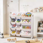 VECELO Étagère de Rangement pour Enfants avec 12 Bacs, Meuble de Rangement en Bois pour Tout-Petits, Grande Capacité pour Livres ou Jouets